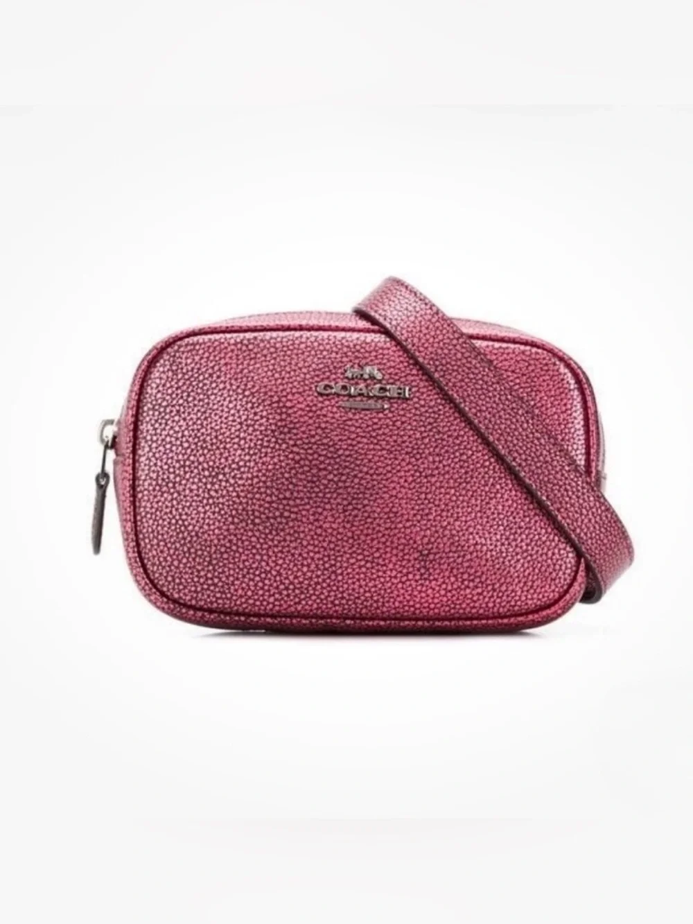 COACH Metallic Pebbled Leather Convertible Belt Bag Berry Pink Silver Like New